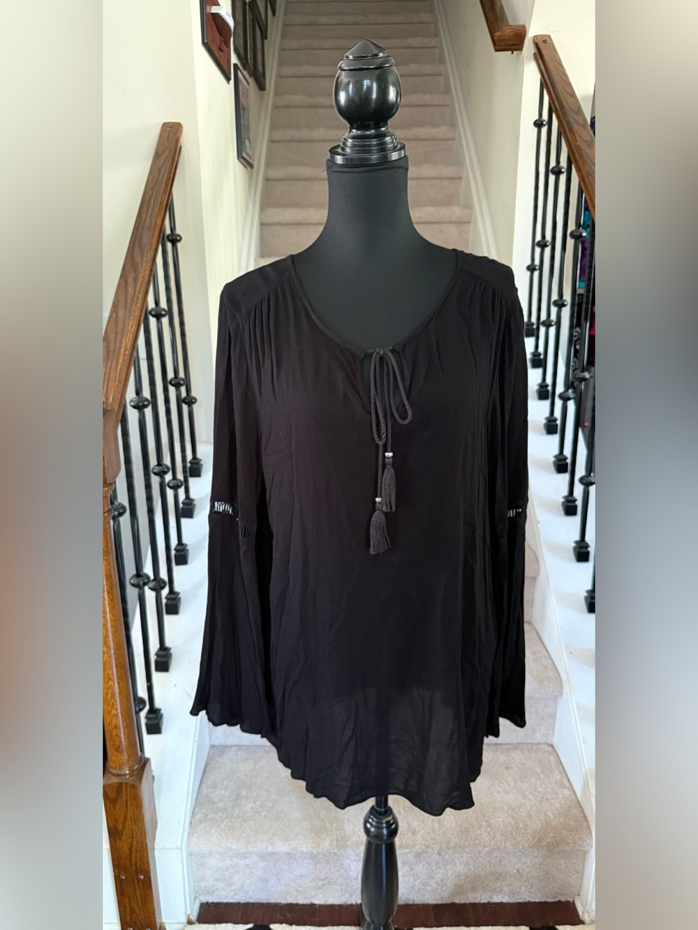 Cupio Black Tassel Tie Long-Sleeve Tunic Blouse
